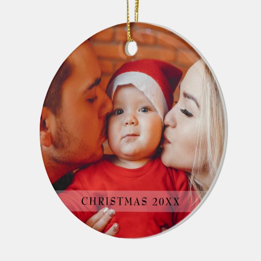 Elegante foto eerste kerst script typografie keramisch ornament (Links)