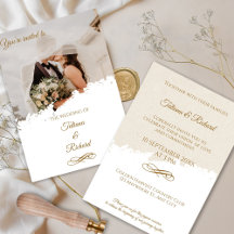 Elegante foto- en gouden schrift huwelijksuitnodig