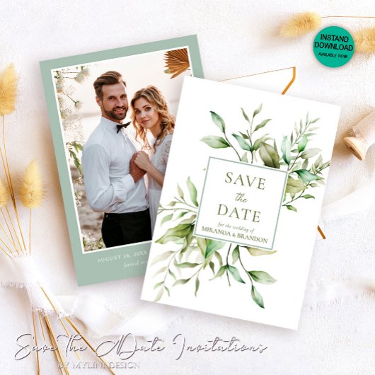 Elegante foto Eucalyptus gebladerte bruiloft Save The Date