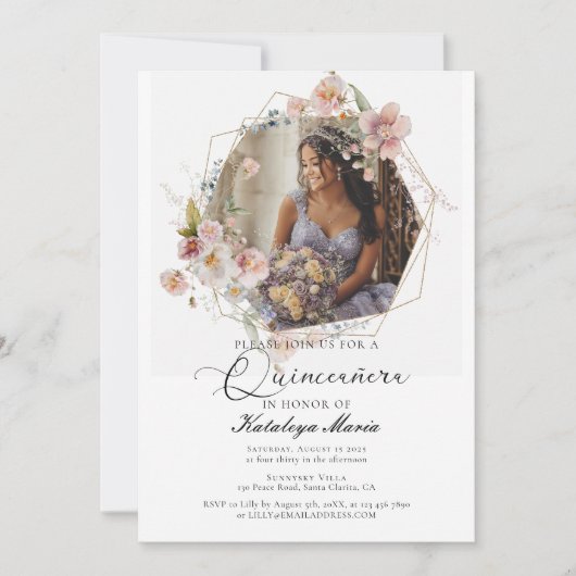 Elegante foto floral Quinceanera Kaart (Voorkant)