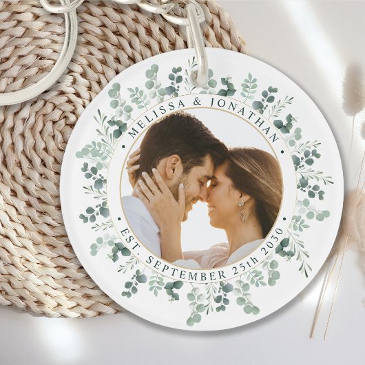 Elegante foto gepersonaliseerde eucalyptus bruilof sleutelhanger