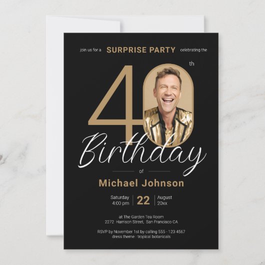 Elegante foto Gold Black Surprise 40e verjaardag Kaart (Voorkant)