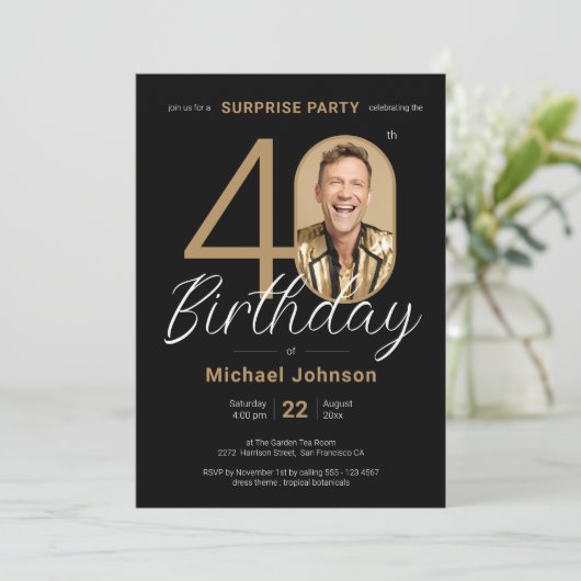 Elegante foto Gold Black Surprise 40e verjaardag Kaart (Staand voorkant)