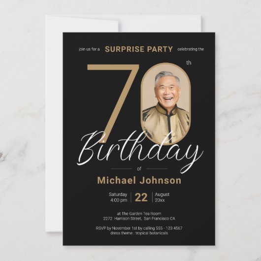 Elegante foto Gold Black Surprise 70e verjaardag Kaart (Voorkant)