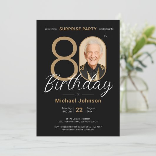 Elegante foto Gold Black Surprise 80ste verjaardag Kaart (Staand voorkant)