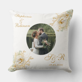 Elegante foto Goud Wit Bloemen Monogram Bruiloft Kussen
