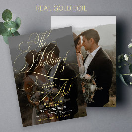 Elegante foto gouden kalligrafie script bruiloft folie uitnodiging