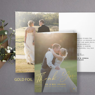 Elegante foto gouden script bedankt bruiloft folie wenskaart