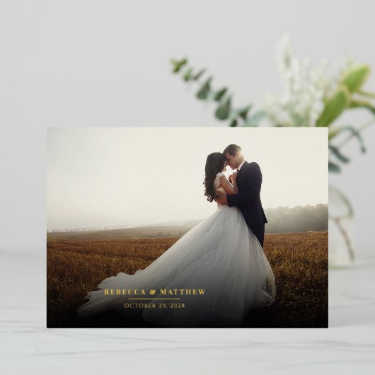 Elegante foto handgeschreven bruiloft Bedankt Folie Uitnodiging (Staand Voorkant)