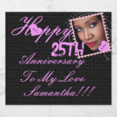 Elegante foto Happy 25th Jubileum Roze Zwart Sparkling Wijnetiket (Enkel label)