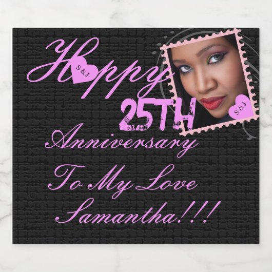 Elegante foto Happy 25th Jubileum Roze Zwart Sparkling Wijnetiket (Enkel label)