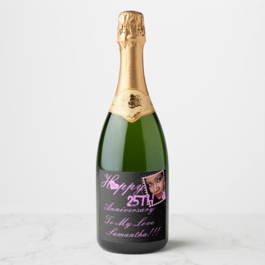 Elegante foto Happy 25th Jubileum Roze Zwart Sparkling Wijnetiket (Voorkant)