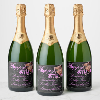 Elegante foto Happy 35th Verjaardag Roze Zwart Sparkling Wijnetiket