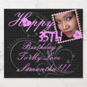 Elegante foto Happy 35th Verjaardag Roze Zwart Sparkling Wijnetiket (Enkel label)