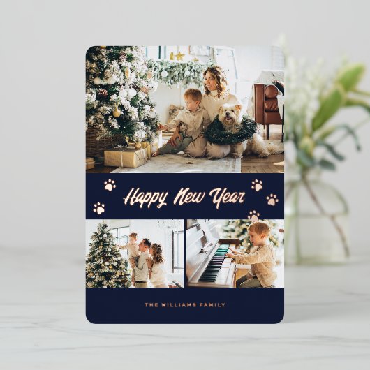 Elegante foto Happy New Year Blue Roos Gold Folie Feestdagenkaart (Staand Voorkant)