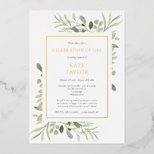 Elegante foto-herdenkingsviering van het leven Gou Folie Uitnodiging (Voorkant)