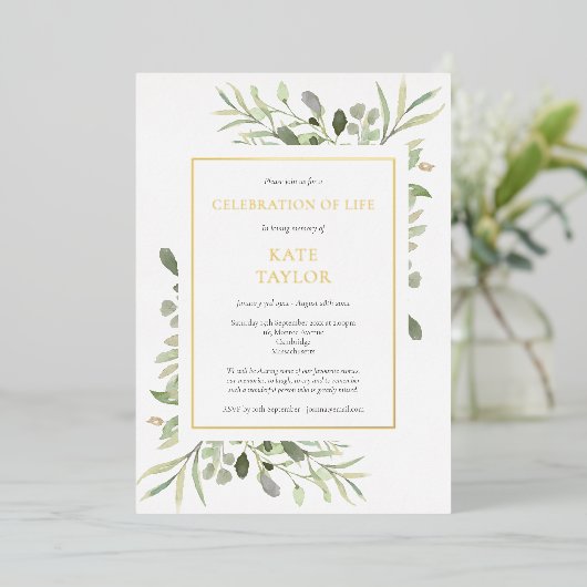Elegante foto-herdenkingsviering van het leven Gou Folie Uitnodiging (Staand Voorkant)