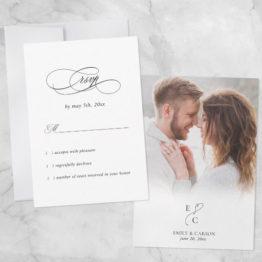 Elegante Foto Huwelijk Minimale Monogram Logo Zwar RSVP Kaartje