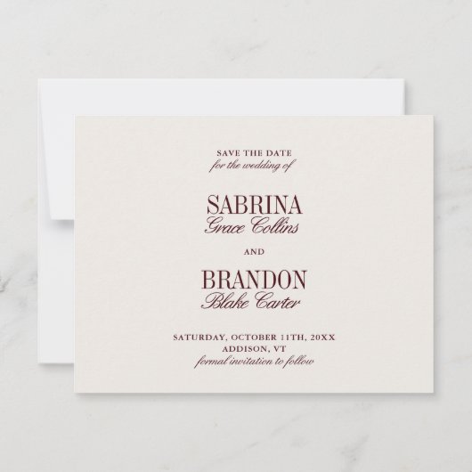 Elegante Foto Ivoor & Bourgogne Save the Date Kaar (Achterkant)