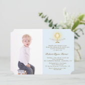 Elegante foto jongen gouden kelk confirmatie kaart (Staand voorkant)
