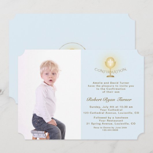Elegante foto jongen gouden kelk confirmatie kaart (Voorkant / Achterkant)