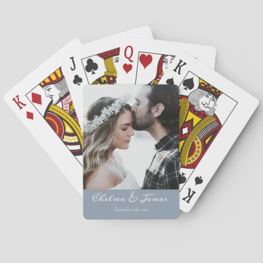 Elegante foto kalligrafie bruiloft Dusty Blue Pokerkaarten (Achterkant)