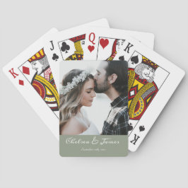 Elegante foto kalligrafie bruiloft salie groen pokerkaarten