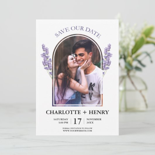 Elegante foto lavendel Sla de datum uitnodiging (Staand voorkant)