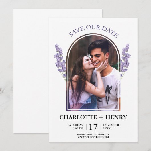Elegante foto lavendel Sla de datum uitnodiging (Voorkant / Achterkant)