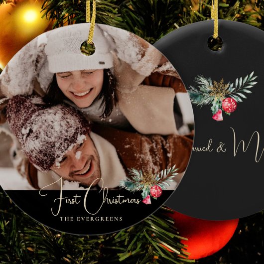 Elegante foto Modern Greenery Bell Eerste Kerstmis Keramisch Ornament