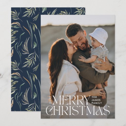 Elegante foto modern minimal marineblauw botanisch feestdagenkaart (Voorkant / Achterkant)