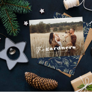 Elegante foto modern minimal marineblauw botanisch feestdagenkaart