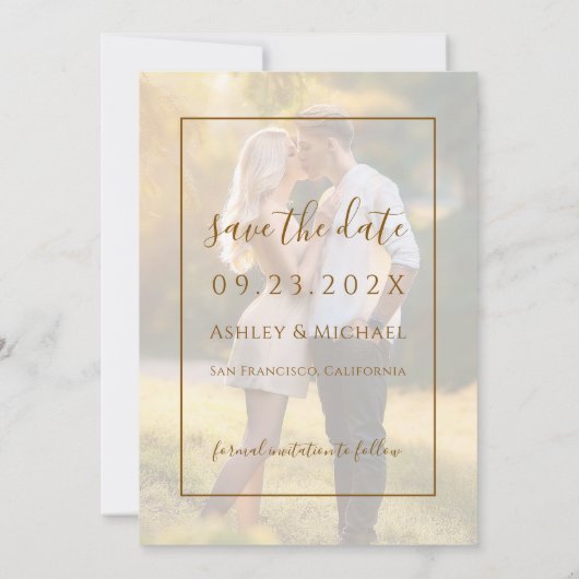 Elegante foto Modern Script Transparante bruiloft Save The Date (Achterkant)