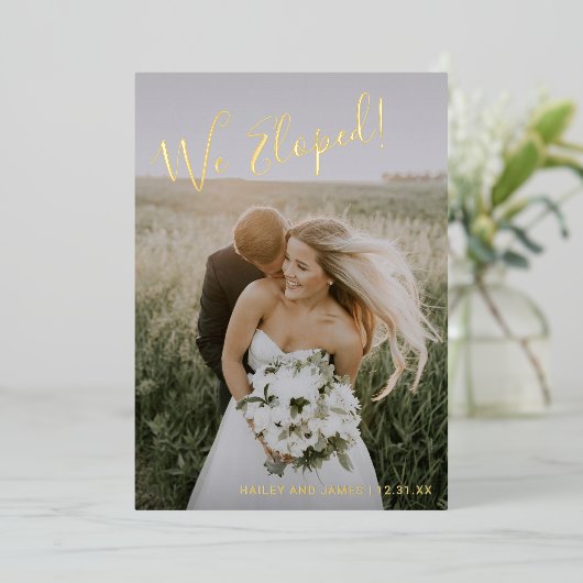 Elegante foto moderne bruiloftreceptie folie uitnodiging (Staand Voorkant)