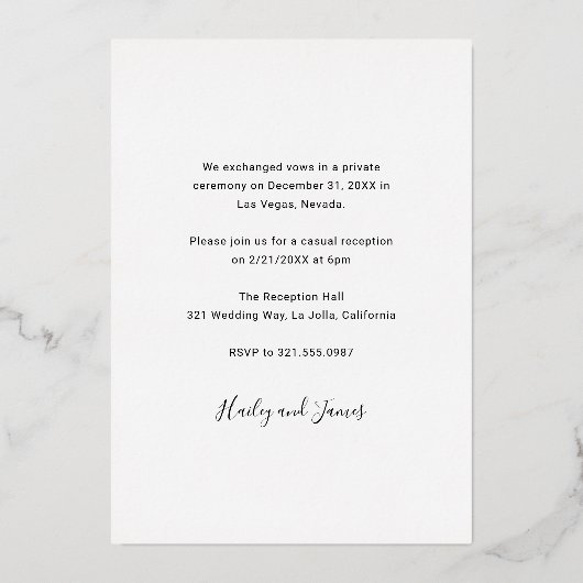 Elegante foto moderne bruiloftreceptie folie uitnodiging (Achterkant)