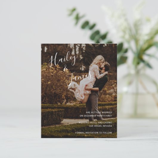Elegante foto moderne budget bruiloft save the dat (Staand voorkant)