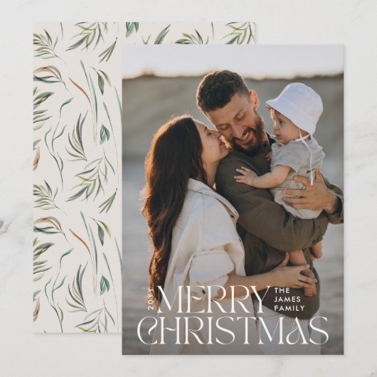 Elegante foto moderne minimale botanische crème feestdagenkaart (Voorkant / Achterkant)