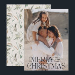 Elegante foto moderne minimale botanische crème feestdagenkaart<br><div class="desc">Elegante foto modern minimal natural cream waterverf botanische typografie Merry Christmas vakantie platte kaart.</div>