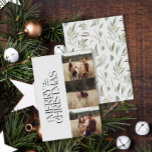 Elegante foto moderne minimale multi foto botanisc feestdagenkaart<br><div class="desc">Elegante multi foto moderne minimale natuurlijke grijze waterverf botanische typografie vrolijk kerstfeest plat kaart.</div>