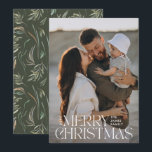 Elegante foto moderne minimale olijfgroene botanis feestdagenkaart<br><div class="desc">Elegante foto modern minimal natuurlijke olijfgroene waterverf botanische typografie Merry Christmas vakantie platte kaart.</div>