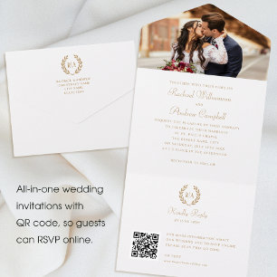 Elegante Foto Monogram QR Goud Wit Huwelijk All In One Uitnodiging