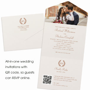 Elegante Foto Monogram QR Terracotta Cream Wedding All In One Uitnodiging