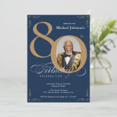 Elegante foto Navy Blauw Goud 80e Verjaardagsfeest Kaart (Staand voorkant)