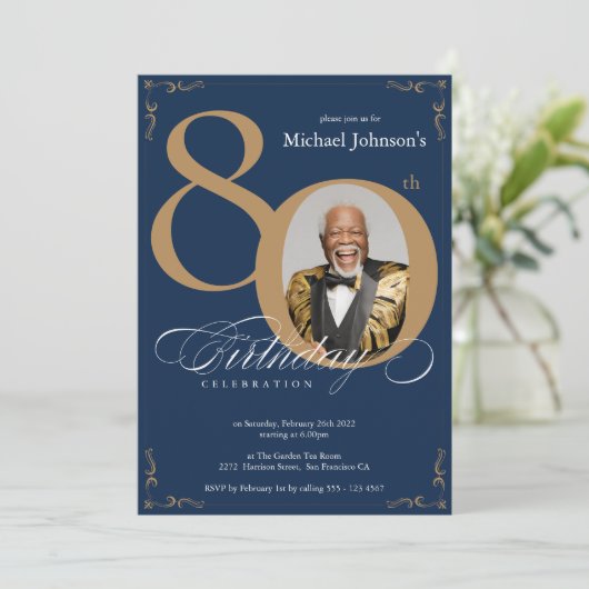 Elegante foto Navy Blauw Goud 80e Verjaardagsfeest Kaart (Staand voorkant)