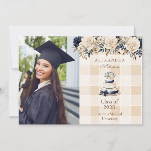 Elegante foto Navy Blue Floral Afstuderen Aankondiging (Voorkant)