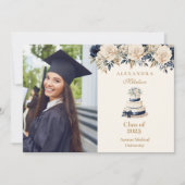 Elegante foto Navy Gold Floral Afstuderen Aankondiging (Voorkant)
