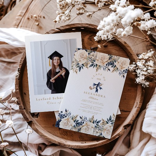 Elegante foto Navy Gold Floral Afstuderen Kaart
