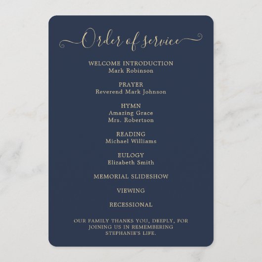 Elegante Foto Orde van Service Gold Blue Programma Programmakaart (Achterkant)