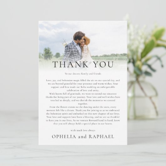 Elegante foto overlay boho bruiloft dank u kaart (Staand voorkant)