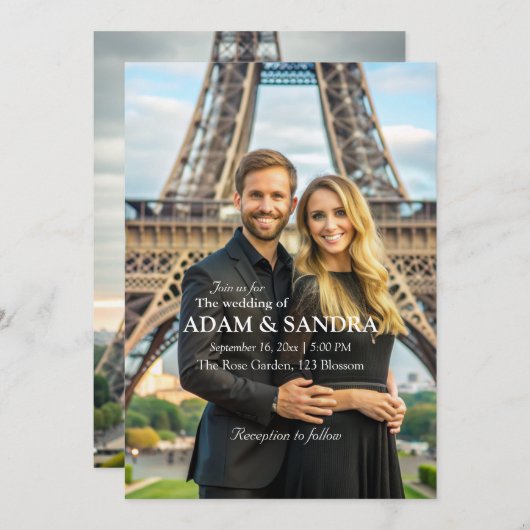 Elegante foto Overlay Modern zwart wit bruiloft Kaart (Voorkant / Achterkant)